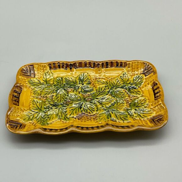 Vintage Italian Pottery Tray Pheasant Village Marked Italy PV 65496 Raised Leaf - Picture 2 of 8